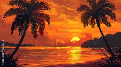 This is a painting of a sunset over the ocean. There are two palm trees in the foreground  and the sun is setting behind them. 