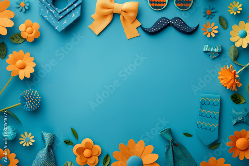 A blue background with a variety of ties and flowers.
