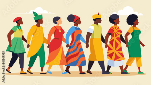 A line of colorful traditional African attireclad individuals walking in unison on a Juneteenth ancestor honor walk.. Vector illustration