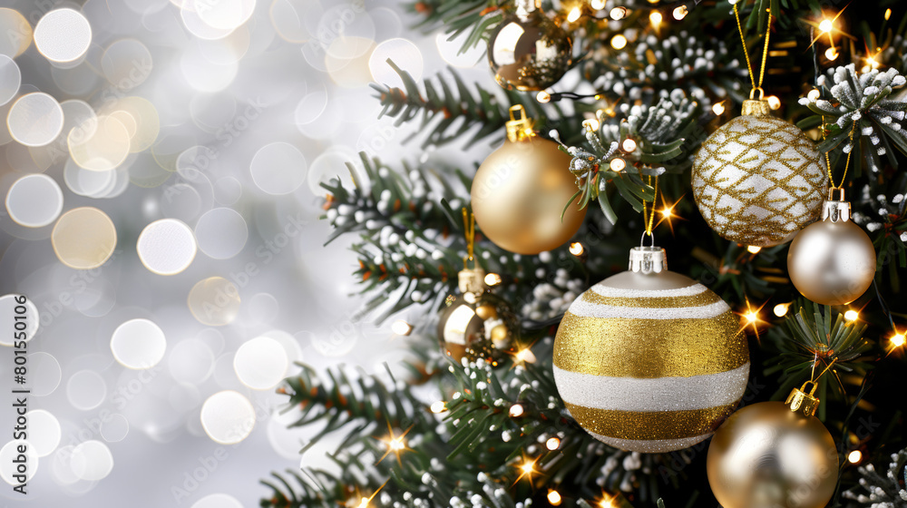 A tree with gold and white ornaments hanging from it. The tree is decorated for Christmas