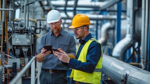 Two engineers using smartphone at industrial plant. Industrial setting with machinery.