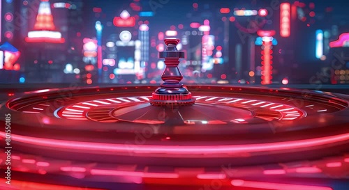 A red glowing wheel of chance in a dark city skyline. Concept Dark City Skyline, Glowing Wheel, Red Aesthetic, Urban Setting, Night Photography photo