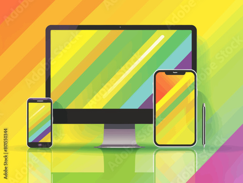 a computer, phone and tablet on a colorful background