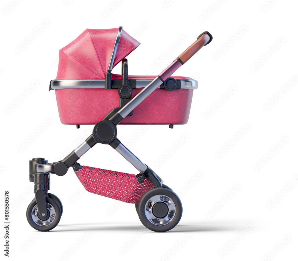 Red leather baby stroller on transparent background. 3D render left view Red leather baby stroller on transparent background. 3D render left view
