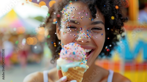 The woman is happily enjoying her ice cream cone with sprinkles on her face at a public event. She smiles with joy, as she indulges in the sweet treat during this fun leisure activity AIG50