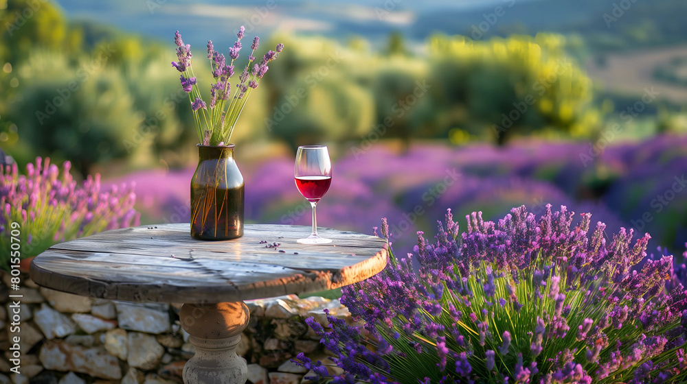 Obraz premium vase with lavender and glass of wine served on vintage table in lavender field.