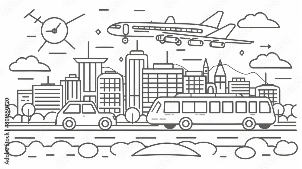 Line art illustrations of different modes of transportation, such as planes, trains, and automobiles.