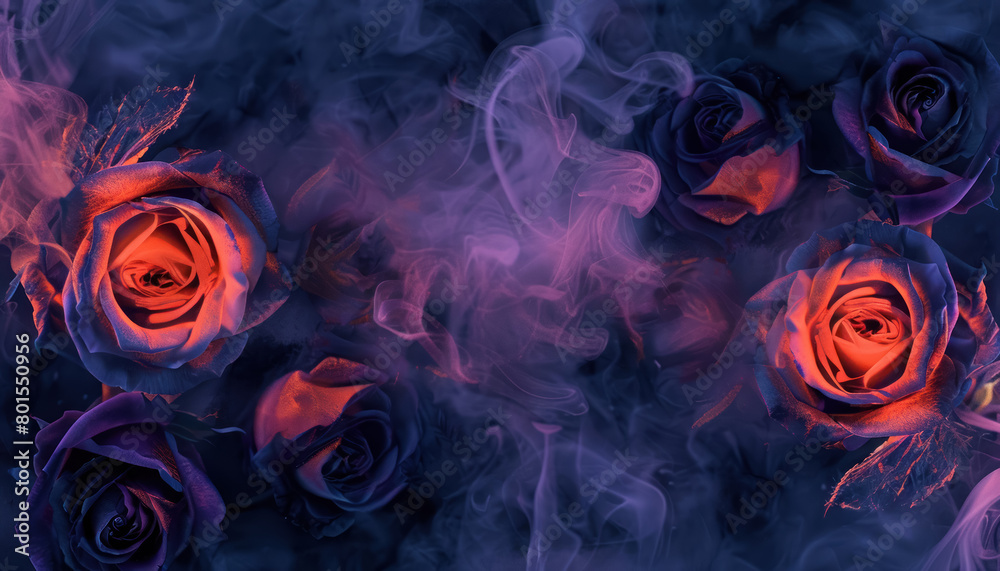 vivid orange and purple roses enveloped in mystical smoke for dynamic floral design