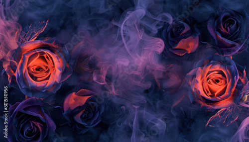 vivid orange and purple roses enveloped in mystical smoke for dynamic floral design