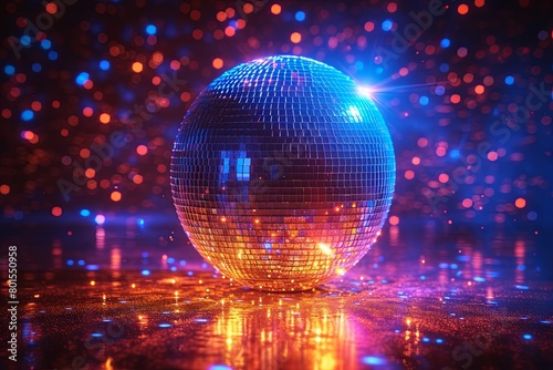 Disco ball on a dark blue and red background with lot of sparkles and lights, creating a fun and festive atmosphere