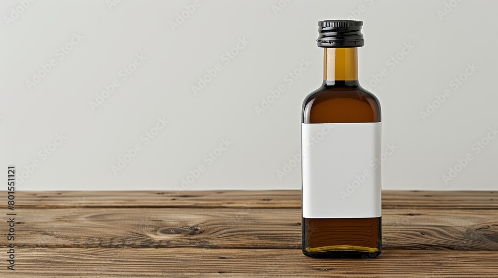 Two brown bottles, each with a white label, rest atop separate wooden tables Two brown bottles, each with a white label, rest atop separate wooden tables