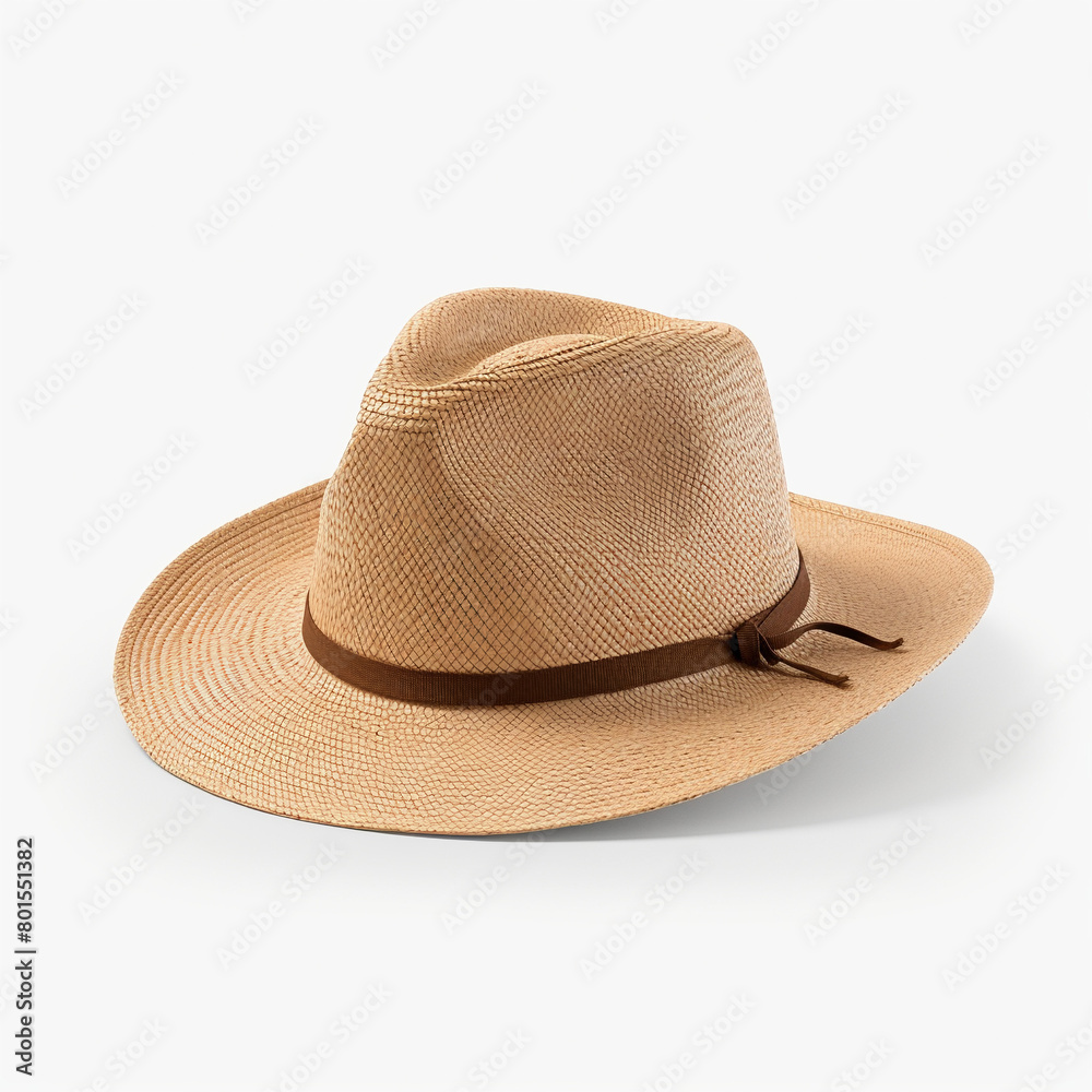 Classic Straw Fedora Hat with Brown Ribbon on White Background, AI Generation