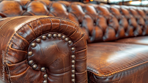   A tight shot of a leather couch, showcasing rivets lining its back