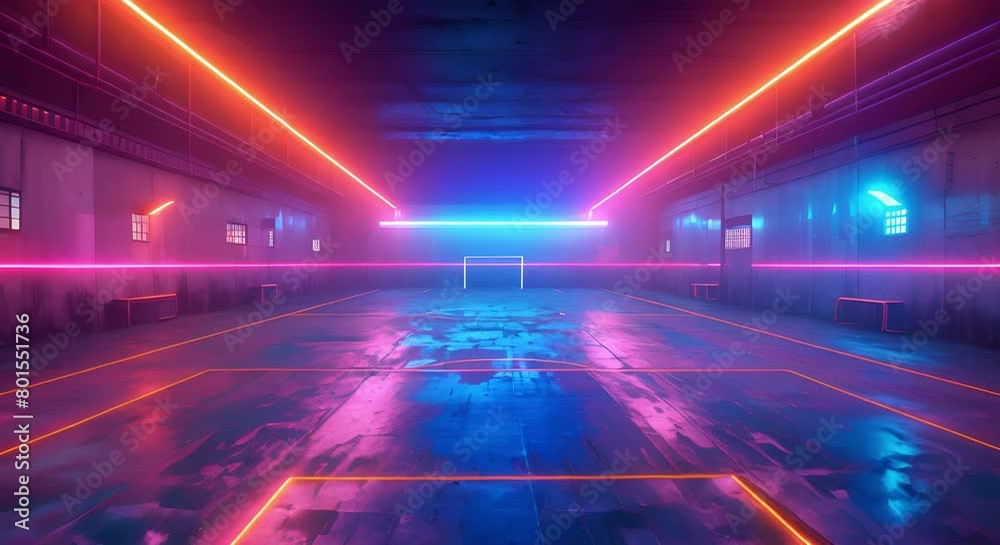 Futuristic indoor soccer field with glowing neon lines and football at center. Concept Futuristic Design, Indoor Soccer Field, Glowing Neon Lines, Football, Technology Futuristic indoor soccer field with glowing neon lines and football at center. Concept Futuristic Design, Indoor Soccer Field, Glowing Neon Lines, Football, Technology