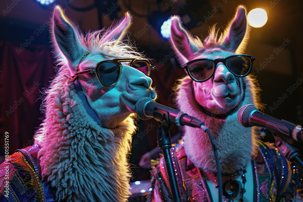 Fototapeta premium Two llamas, alpacas in glasses perform on stage with a microphone. The concept of humor, concert show. Generated by artificial intelligence