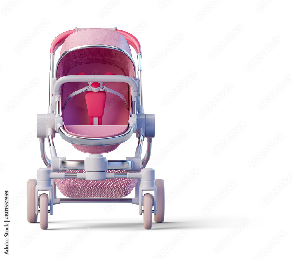 Pink leather jogging baby stroller on transparent background. 3D render front view Pink leather jogging baby stroller on transparent background. 3D render front view