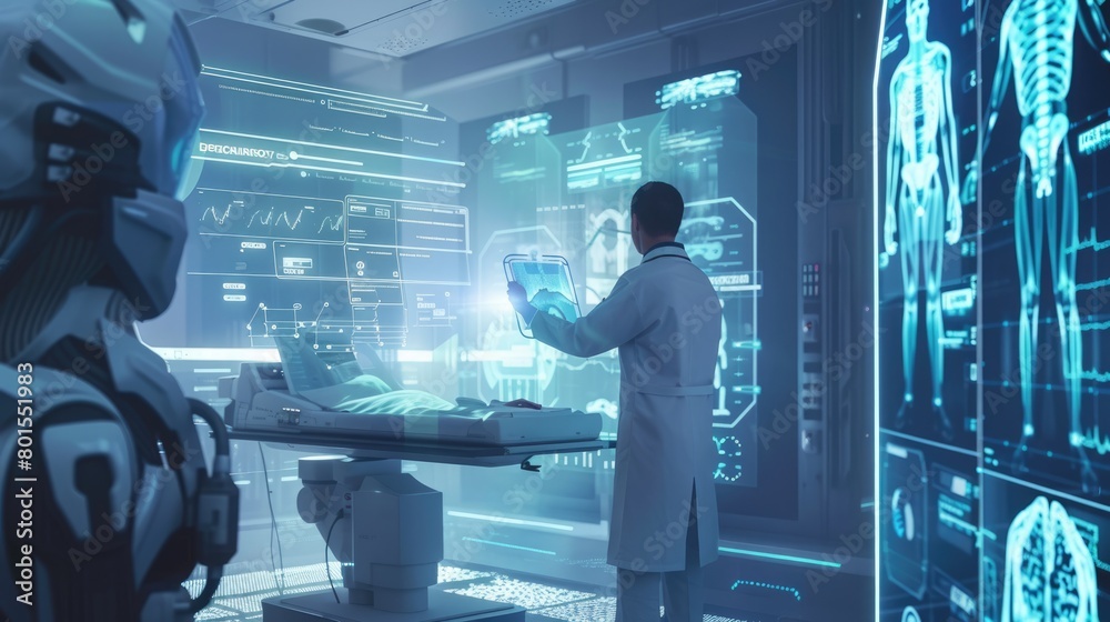 Professional doctor using AI and technology to diagnosis disease at futuristic laboratory. Skilled scientist using innovation technology to research and analyzing human symptom with hologram. AIG42.