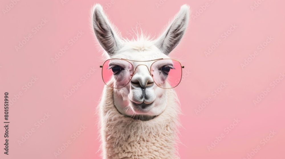 White llama with round glasses on a pink background. Studio animal portrait with copy space.