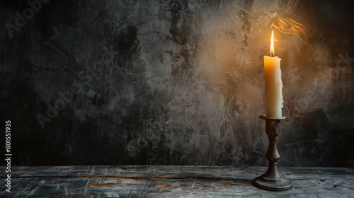  A candle atop a wooden table emits light against a black wall, casting a gentle glow photo