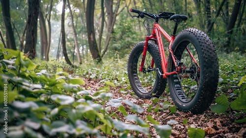 A red mountain bike is parked on a forest trail. The bike has large, knobby tires.

 photo