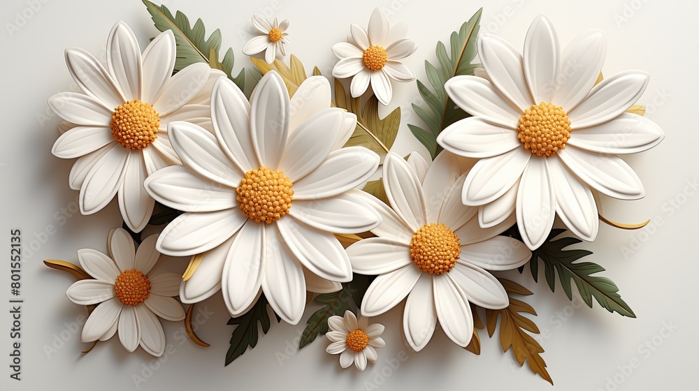 Fototapeta premium 3d illustration of chamomile and daisy. 3D wildflowers. 3D model of chamomile. Bouquet of chrysanthemums.