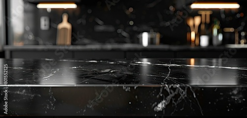 Black marble bar counter top with blank space product mockup. on dark blurred background of restaurant or bar. Blurred lights in background. product placement. AI generated illustration