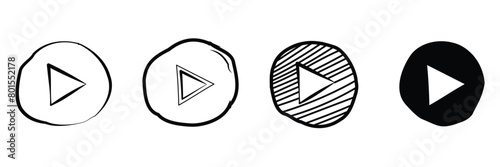 Set of Player Button icon sign. Hand drawn doodle style symbol. Vector Illustration.