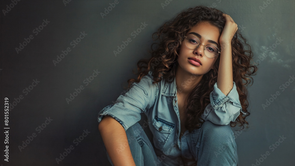 A young female student dressed entirely in denim and sitting in front of a blackboard. She is resting her head agsinst her arm and is wearing glasses. A young female student dressed entirely in denim and sitting in front of a blackboard. She is resting her head agsinst her arm and is wearing glasses.