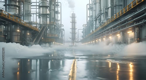 Steam rising through connecting tubes in distillation columns for extracting oils. Concept Distillation Columns, Steam Extraction, Essential Oils, Aromatic Process photo