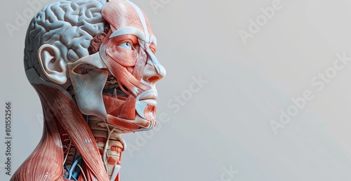 Human head anatomy 3D illustration on a light background. Educational medical image with brain and facial muscles