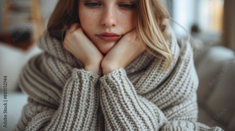 A woman sits on a couch, hands resting on her chest, chin in palms A woman sits on a couch, hands resting on her chest, chin in palms