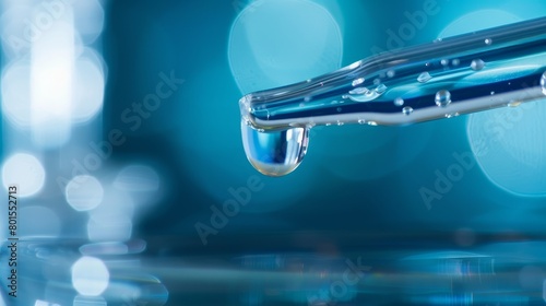 Close-up of a drop of clean water dripping from a pipette
