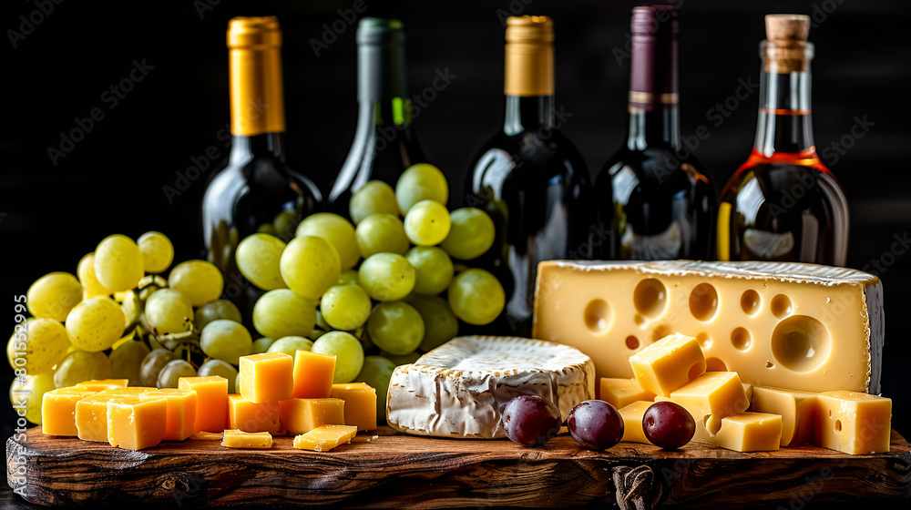 Obraz premium Cheese collection, variety of cheeses with wine bottles on black background