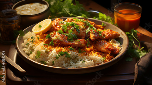 A savory and aromatic plate of Indian curry with chicken and basmati rice.