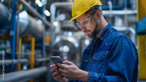HVAC professional using smartphone in industrial plant for system diagnostics. photo