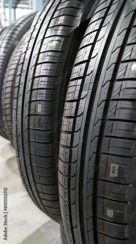Close-up of new car tires in a shop. Vertical product photography. Automotive safety and maintenance concept