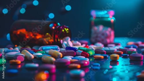 Colorful assorted pharmaceutical pills spilling from a container on a vibrant blue background.