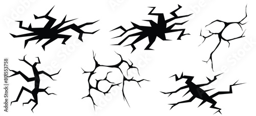 Ground split fracture line. Wall crack black silhouettes, earthquake effect. Fissure top view, surface damage and holes racy vector elements. fractures top view isolated on white background. eps 10.