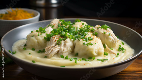 A savory and comforting bowl of chicken and dumplings with soft and fluffy dumplings.