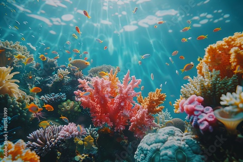 Vibrant Coral Reef Teeming with Colorful Fish Under Sunlight