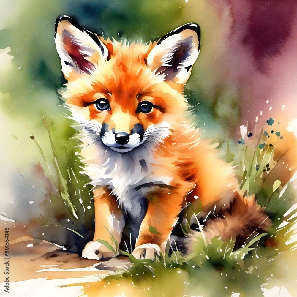 Obraz premium Little fox puppy watercolor illustration 