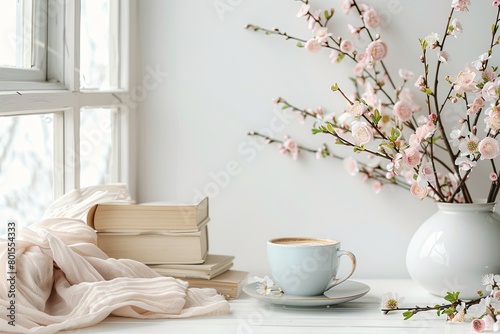Vase with pink flowers and cup with coffee on a table. Cozy and inviting atmosphere