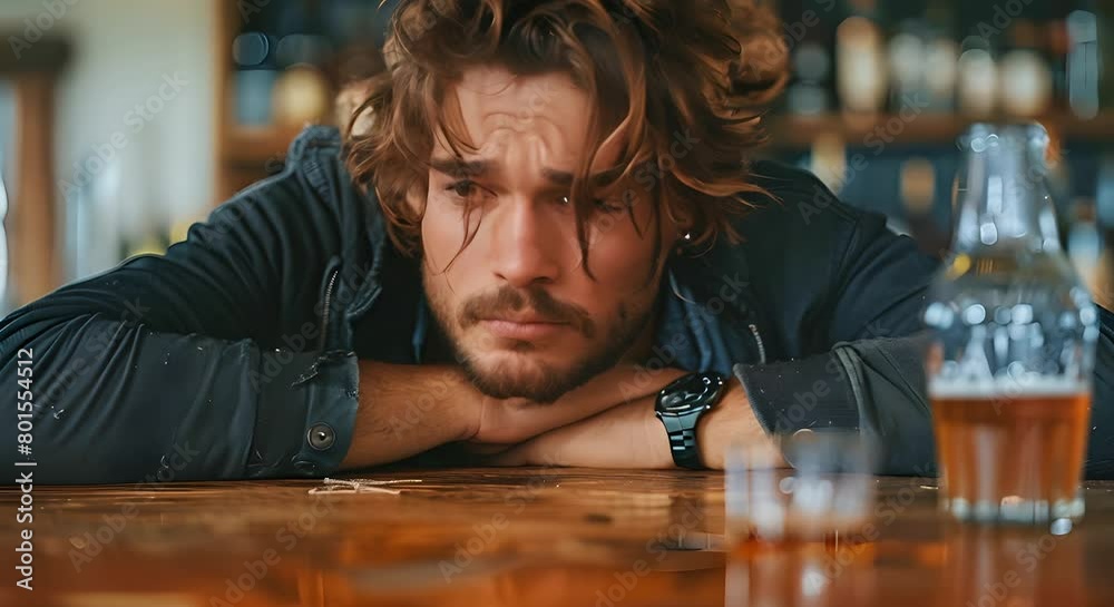 Man with hangover sits at table in sadness due to alcohol poisoning. Concept Alcohol Poisoning, Hangover, Sadness, Regret, Overindulgence Man with hangover sits at table in sadness due to alcohol poisoning. Concept Alcohol Poisoning, Hangover, Sadness, Regret, Overindulgence