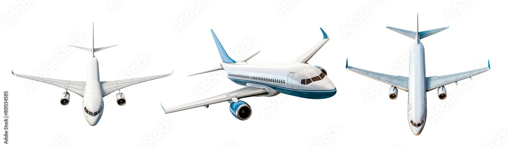 Set of taking off and descending airplanes isolated on a white or transparent background. Close-up of a white airplanes, side view. Concept of vacation, traveling abroad. Graphic design element.