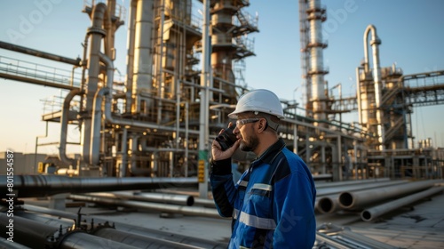 Engineer in safety gear using smartphone at industrial plant