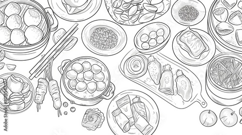 Line art illustrations of famous food and cuisine from different cultures around the world.