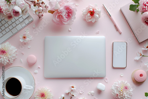 Flat lay laptop, smartphone, cup of coffee and pen are on a table with flowers. Concept of productivity and creativity © Sunshine