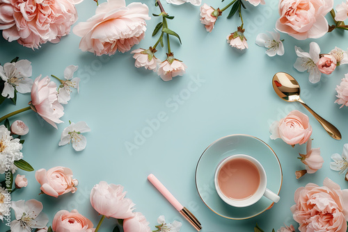 Flat lay cup of tea on a blue background with coral flowers with a copy space. Concept of relaxation and tranquility © Sunshine