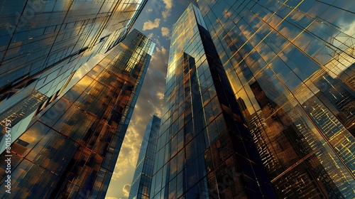 several skyscrapers made of reflective glass  reaching up to the sky.