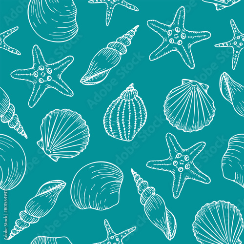 Underwater seamless pattern with seashell line art illustrations in white color on turquoise background. Scallop sketch, seashell line drawing. Summer ocean beach print for background, textile, fabric